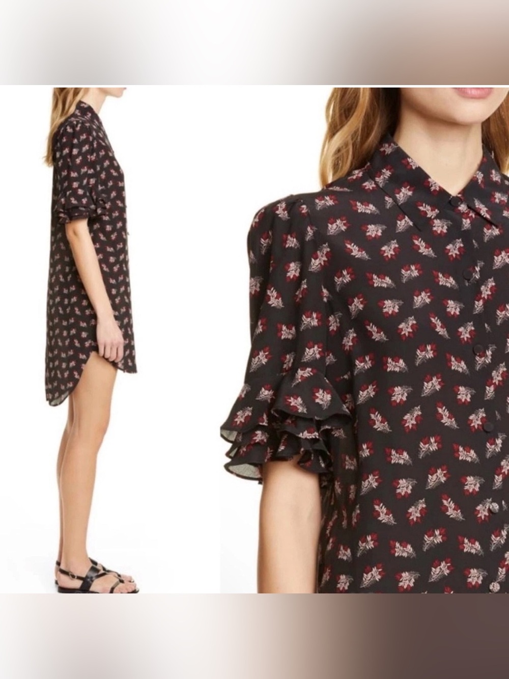 FRAME Size XS Silk Printed Ruffle Sleeve High Low Shirtdress Black Floral - Picture 2 of 7